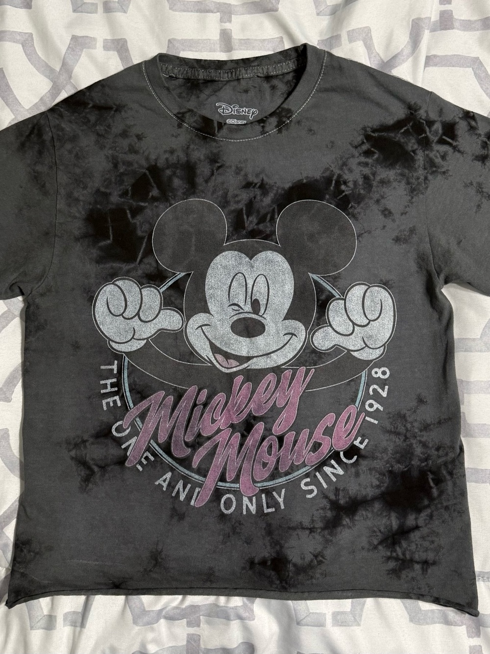 Disney Black Tie-Dye Mickey Mouse Graphic Tee with Pink Script